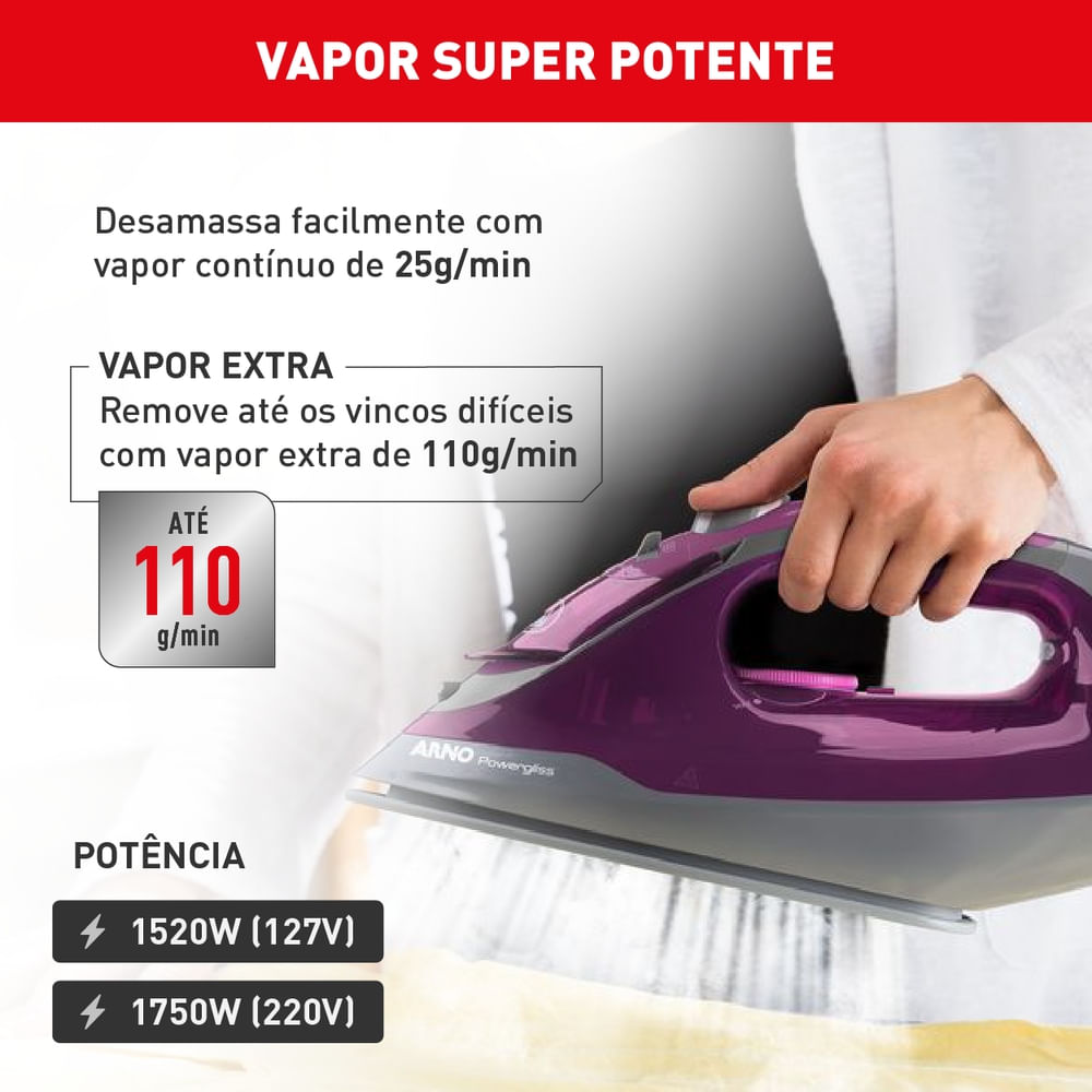 Ferro a vapor Arno Powergliss com Base XGlide e Vapor Contínuo FPO1