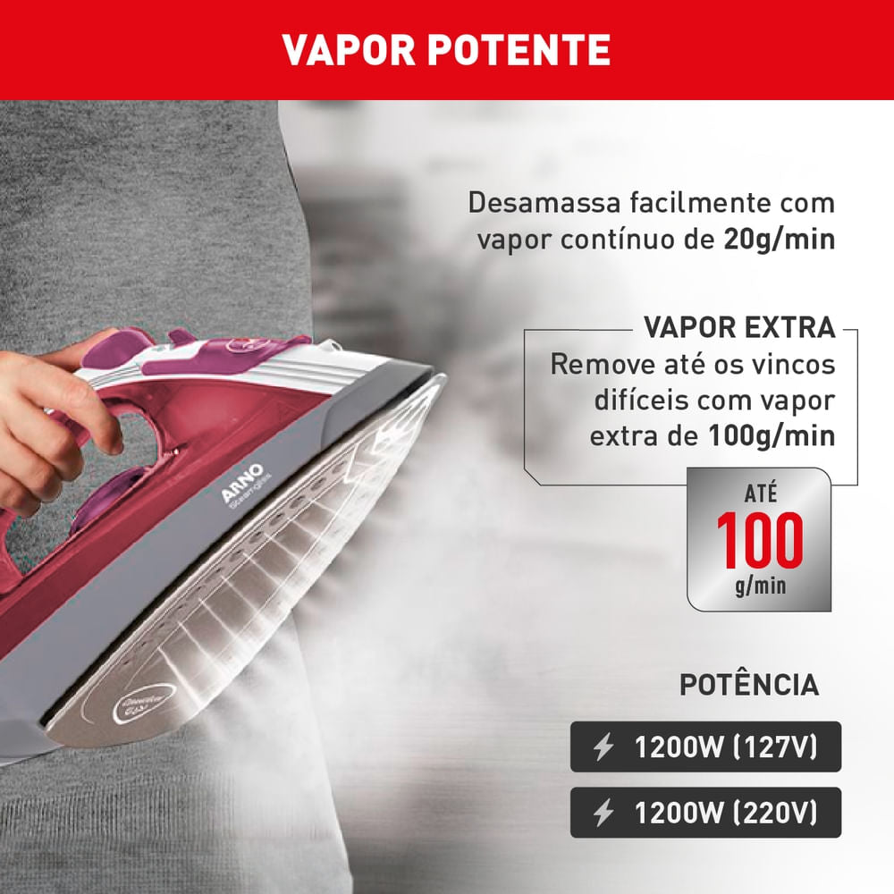 Ferro a Vapor Elétrico Arno Steamgliss Base Ampla de Cerâmica e Ponta de Precisão FSGC