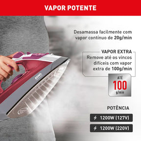 Ferro a Vapor Elétrico Arno Steamgliss Base Ampla de Cerâmica e Ponta de Precisão FSGC