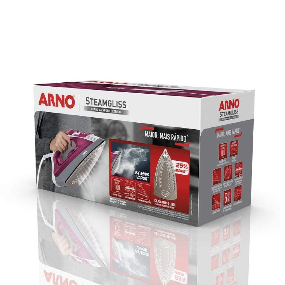 Ferro a Vapor Elétrico Arno Steamgliss Base Ampla de Cerâmica e Ponta de Precisão FSGC