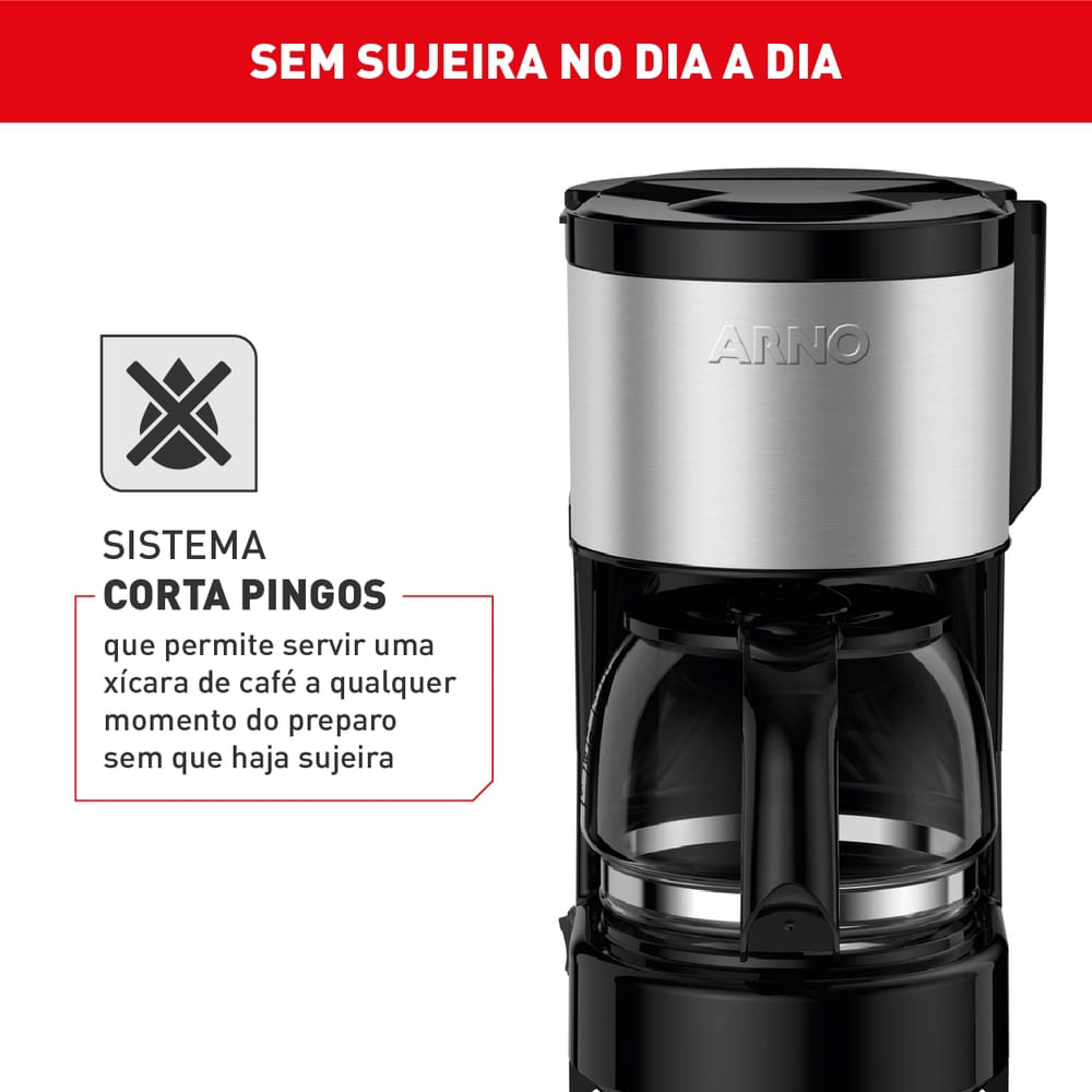 Cafeteira Filtro Arno Perfectta Inox com 600ml de Capacidade e Jarra de Vidro CFPI