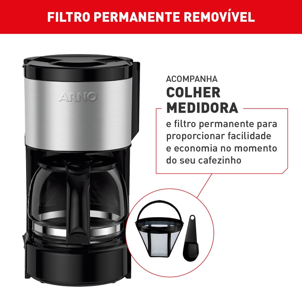 Cafeteira Filtro Arno Perfectta Inox com 600ml de Capacidade e Jarra de Vidro CFPI