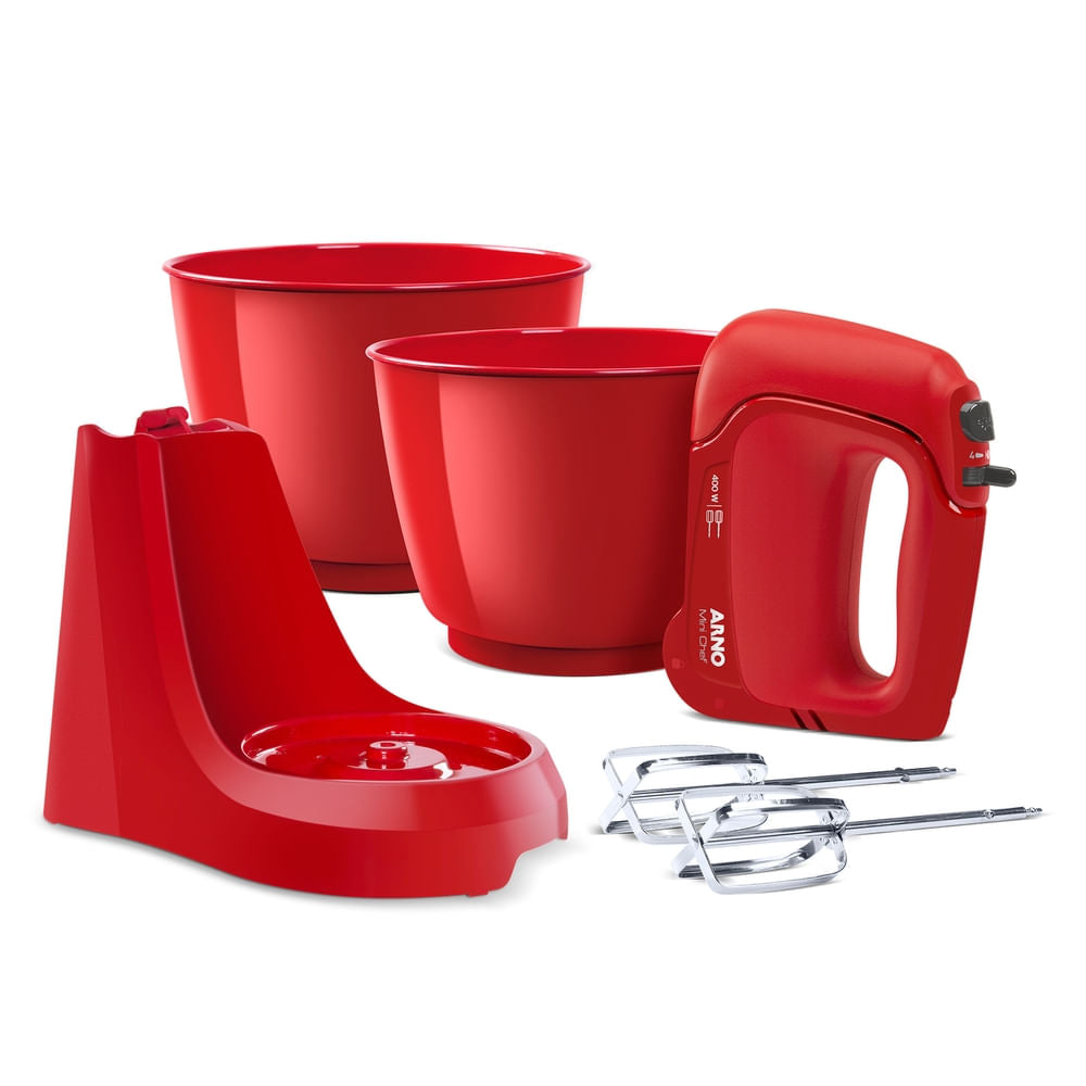 Batedeira Arno Mini Chef Portátil 400W com 2 Tigelas de 4 Litros 4 velocidades Função Pulsar Vermelha HM12