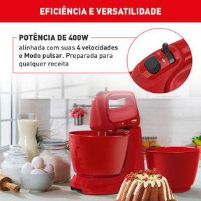 Batedeira Arno Mini Chef Portátil 400W com 2 Tigelas de 4 Litros 4 velocidades Função Pulsar Vermelha HM12