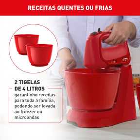 Batedeira Arno Mini Chef Portátil 400W com 2 Tigelas de 4 Litros 4 velocidades Função Pulsar Vermelha HM12