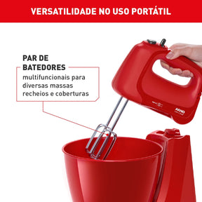 Batedeira Arno Mini Chef Portátil 400W com 2 Tigelas de 4 Litros 4 velocidades Função Pulsar Vermelha HM12