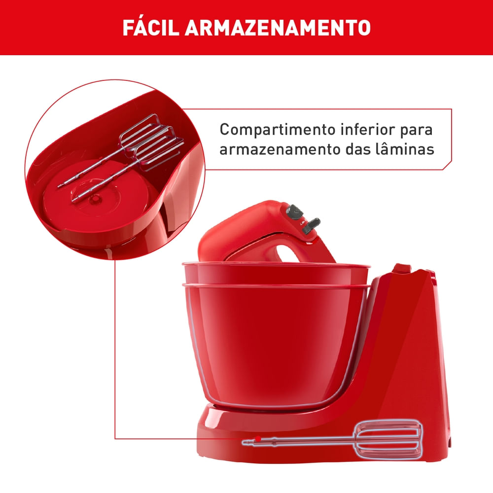 Batedeira Arno Mini Chef Portátil 400W com 2 Tigelas de 4 Litros 4 velocidades Função Pulsar Vermelha HM12