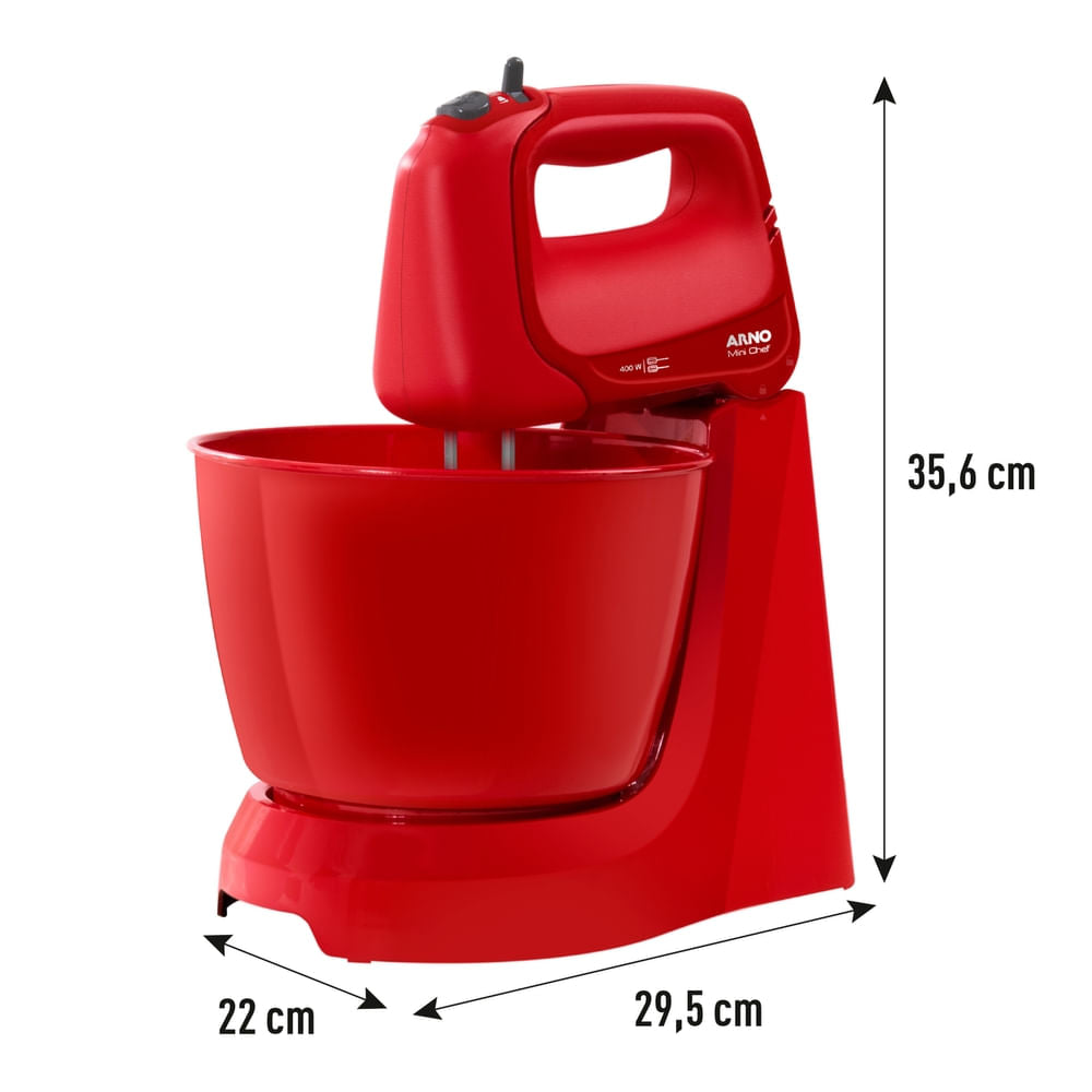 Batedeira Arno Mini Chef Portátil 400W com 2 Tigelas de 4 Litros 4 velocidades Função Pulsar Vermelha HM12