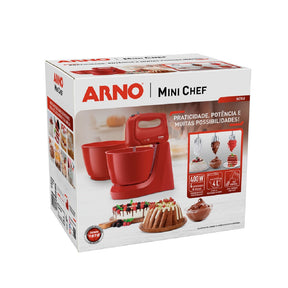 Batedeira Arno Mini Chef Portátil 400W com 2 Tigelas de 4 Litros 4 velocidades Função Pulsar Vermelha HM12