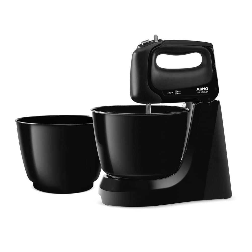 Batedeira Arno Mini Chef Portátil 400W com 2 Tigelas de 4 Litros 4 velocidades Função Pulsar Preta HM11