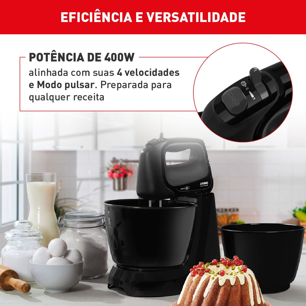 Batedeira Arno Mini Chef Portátil 400W com 2 Tigelas de 4 Litros 4 velocidades Função Pulsar Preta HM11