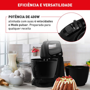Batedeira Arno Mini Chef Portátil 400W com 2 Tigelas de 4 Litros 4 velocidades Função Pulsar Preta HM11