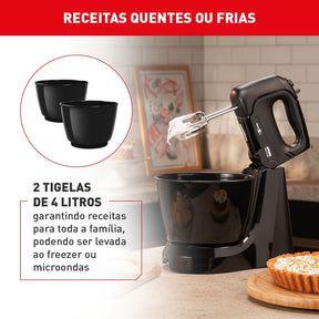 Batedeira Arno Mini Chef Portátil 400W com 2 Tigelas de 4 Litros 4 velocidades Função Pulsar Preta HM11