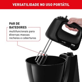 Batedeira Arno Mini Chef Portátil 400W com 2 Tigelas de 4 Litros 4 velocidades Função Pulsar Preta HM11