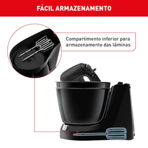 Batedeira Arno Mini Chef Portátil 400W com 2 Tigelas de 4 Litros 4 velocidades Função Pulsar Preta HM11