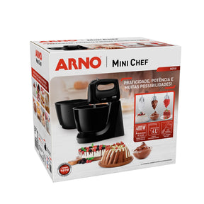 Batedeira Arno Mini Chef Portátil 400W com 2 Tigelas de 4 Litros 4 velocidades Função Pulsar Preta HM11