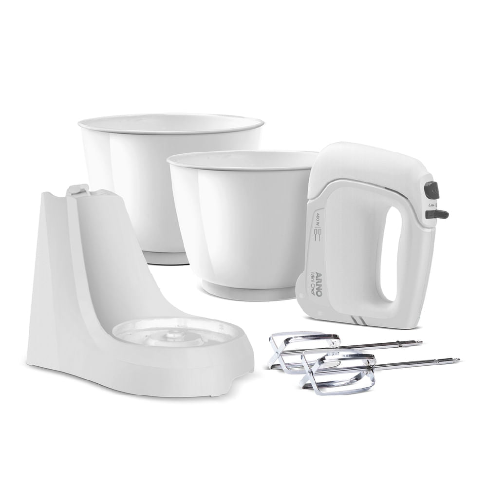 Batedeira Arno Mini Chef Portátil 400W com 2 Tigelas de 4 Litros 4 velocidades Função Pulsar Branca HM10