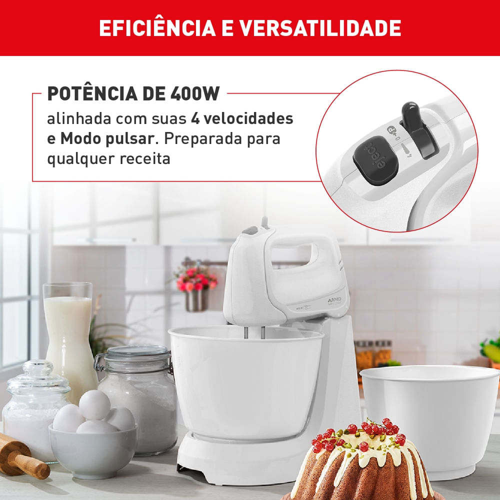 Batedeira Arno Mini Chef Portátil 400W com 2 Tigelas de 4 Litros 4 velocidades Função Pulsar Branca HM10