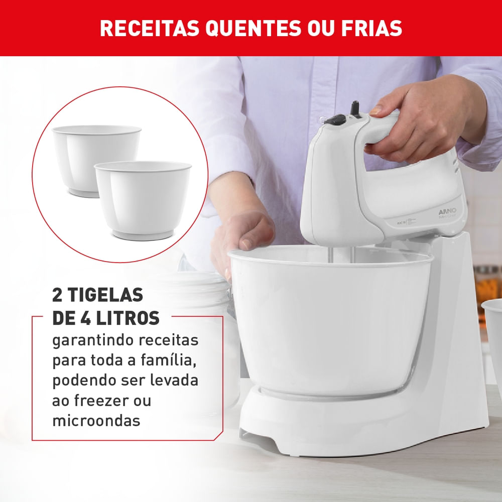 Batedeira Arno Mini Chef Portátil 400W com 2 Tigelas de 4 Litros 4 velocidades Função Pulsar Branca HM10