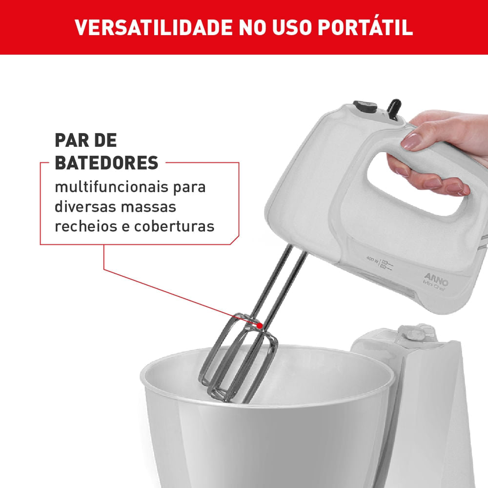 Batedeira Arno Mini Chef Portátil 400W com 2 Tigelas de 4 Litros 4 velocidades Função Pulsar Branca HM10