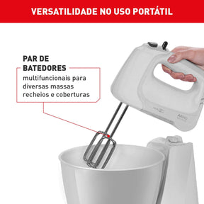Batedeira Arno Mini Chef Portátil 400W com 2 Tigelas de 4 Litros 4 velocidades Função Pulsar Branca HM10