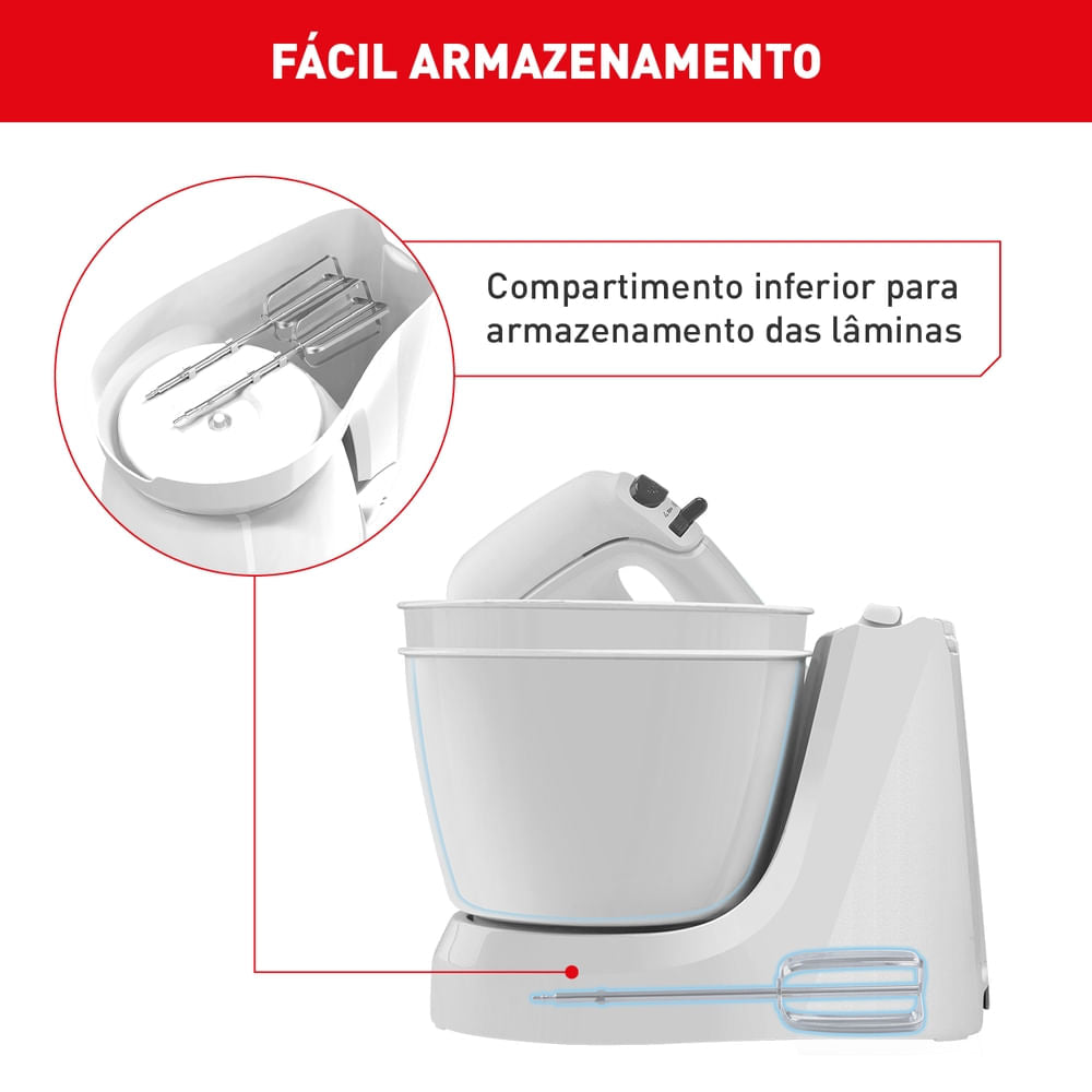 Batedeira Arno Mini Chef Portátil 400W com 2 Tigelas de 4 Litros 4 velocidades Função Pulsar Branca HM10