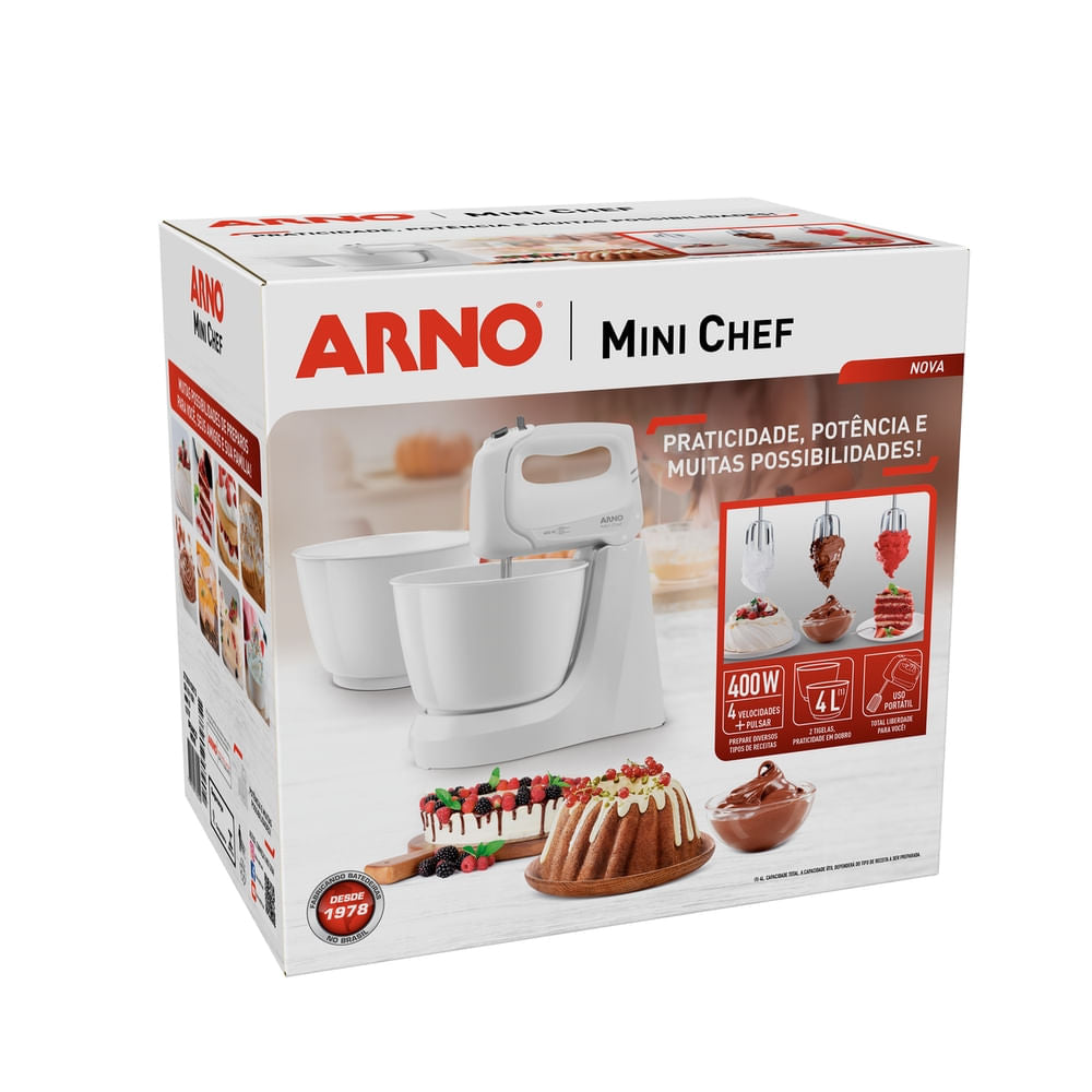 Batedeira Arno Mini Chef Portátil 400W com 2 Tigelas de 4 Litros 4 velocidades Função Pulsar Branca HM10