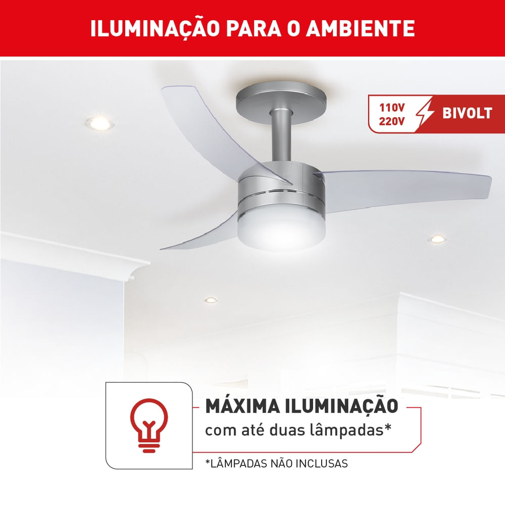 Kit 2 Ventiladores de Teto Arno Ultimate Bivolt Prata com 3 Pás e Controle Remoto VX15
