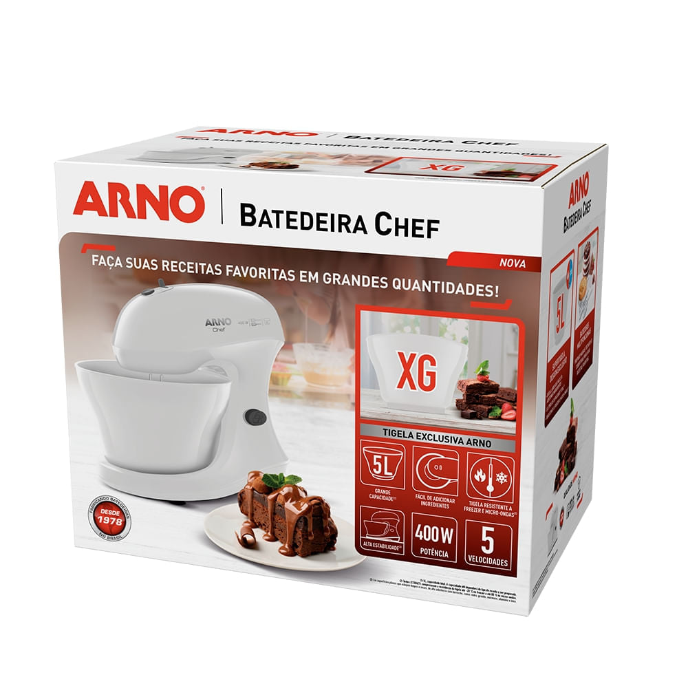 Batedeira Arno Chef 400W 2 batedores multifuncionais 5 Litros Branca SM00
