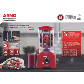 Liquidificador Arno Power Max Limpa Fácil 700W Vermelho com Lâminas Removíveis e Jarra de 3,1L LN61