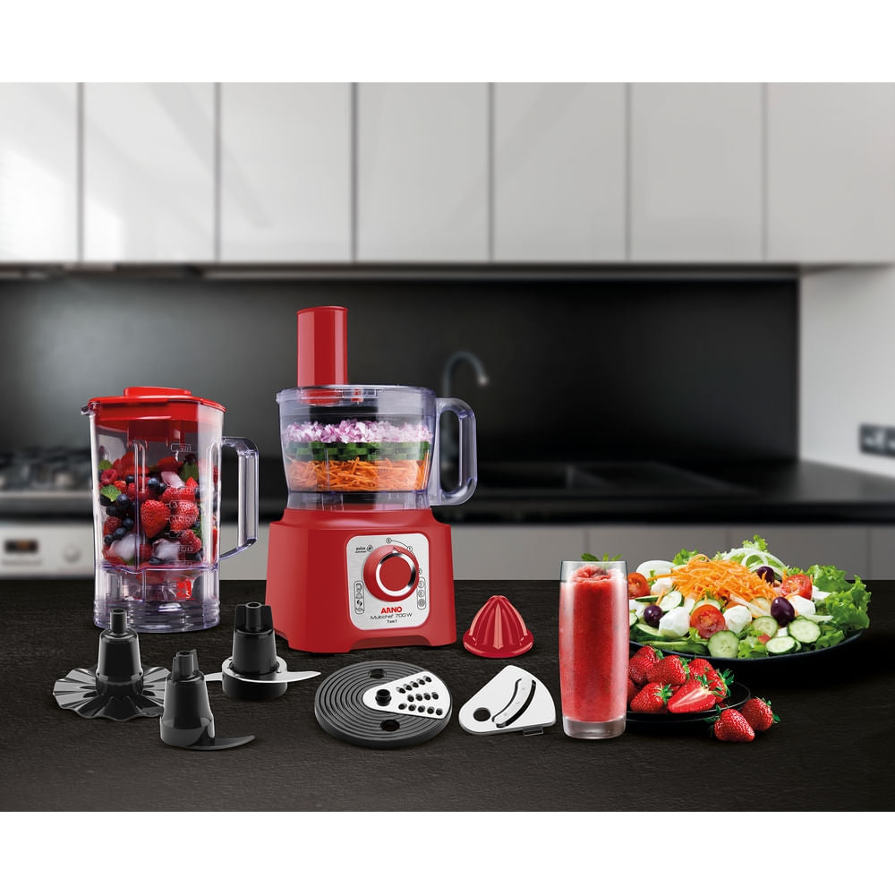 Multiprocessador de alimentos Arno Multichef 7 em 1 700W Limpa Fácil com Lâminas Removíveis Jarra de 3,1L Vermelho MP76