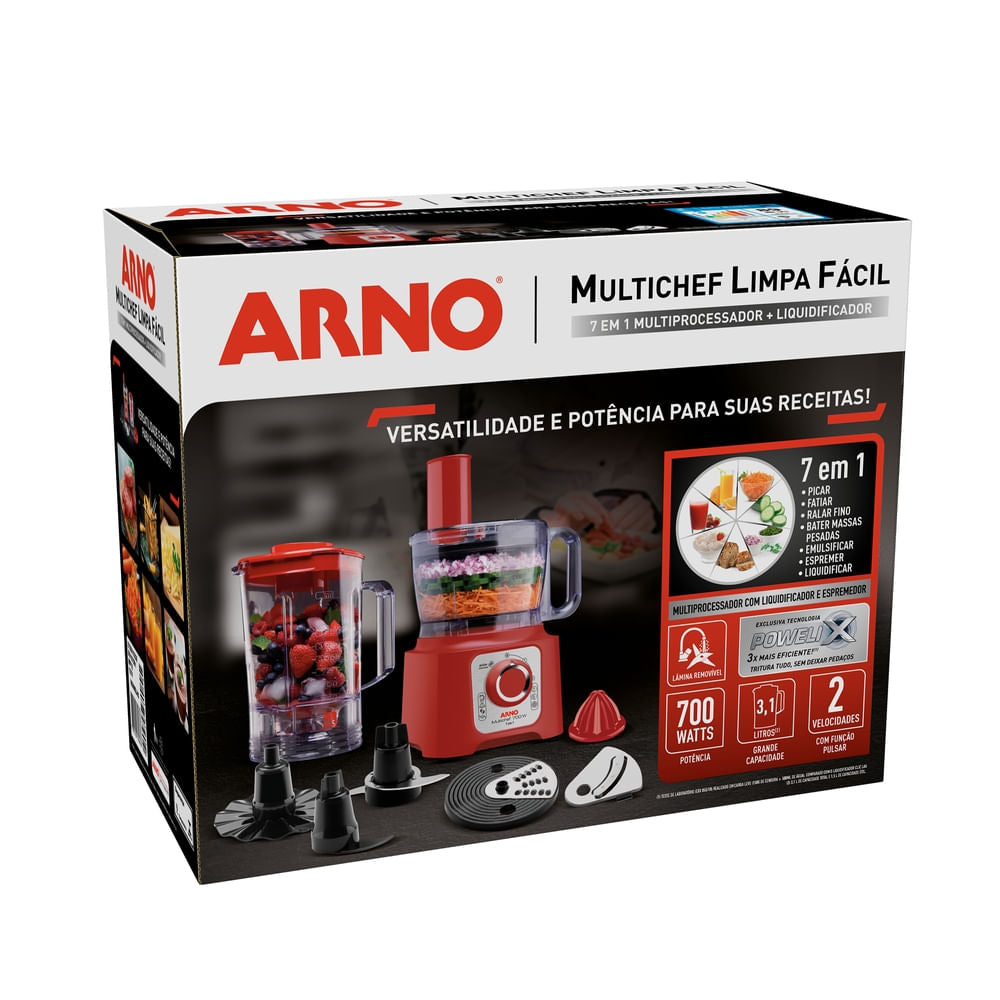 Multiprocessador de alimentos Arno Multichef 7 em 1 700W Limpa Fácil com Lâminas Removíveis Jarra de 3,1L Vermelho MP76