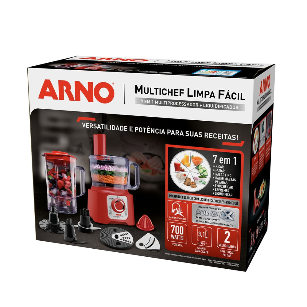 Multiprocessador de alimentos Arno Multichef 7 em 1 700W Limpa Fácil com Lâminas Removíveis Jarra de 3,1L Vermelho MP76
