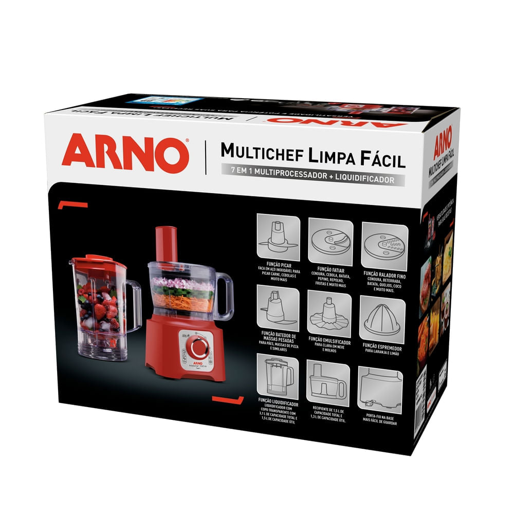 Multiprocessador de alimentos Arno Multichef 7 em 1 700W Limpa Fácil com Lâminas Removíveis Jarra de 3,1L Vermelho MP76